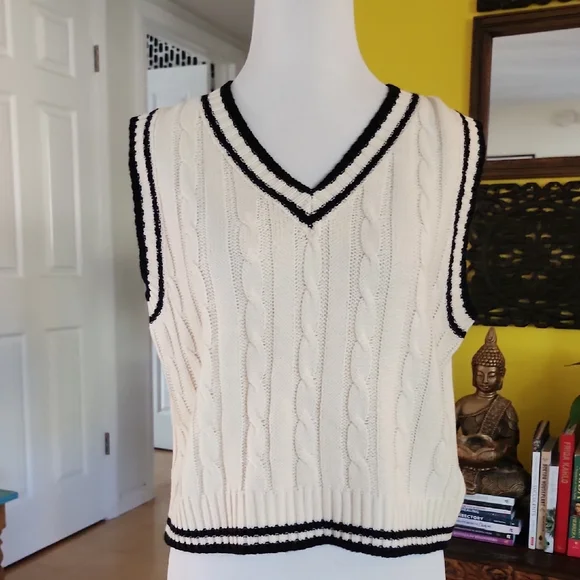 Cable Knit V-Neck Sweater Vest - Cream and Black - Picture 1 of 2